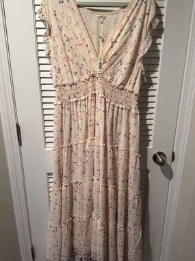 Max Studio Cream Midi Dress with Pink & Purple Floral Scatter
